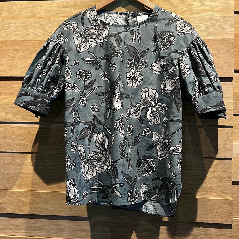 MaxMara Black and Green Floral Blouse with Puff Sleeves